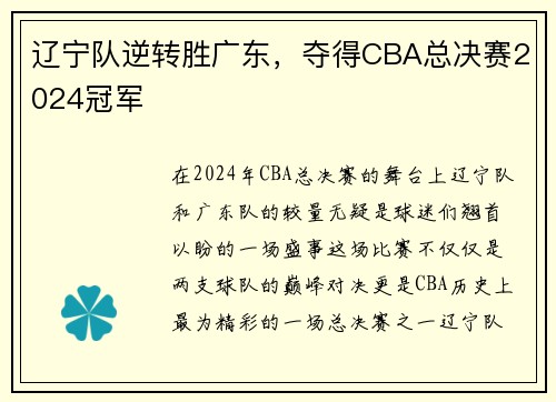 辽宁队逆转胜广东，夺得CBA总决赛2024冠军