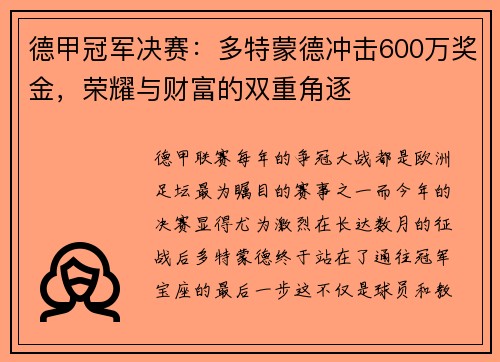 德甲冠军决赛：多特蒙德冲击600万奖金，荣耀与财富的双重角逐